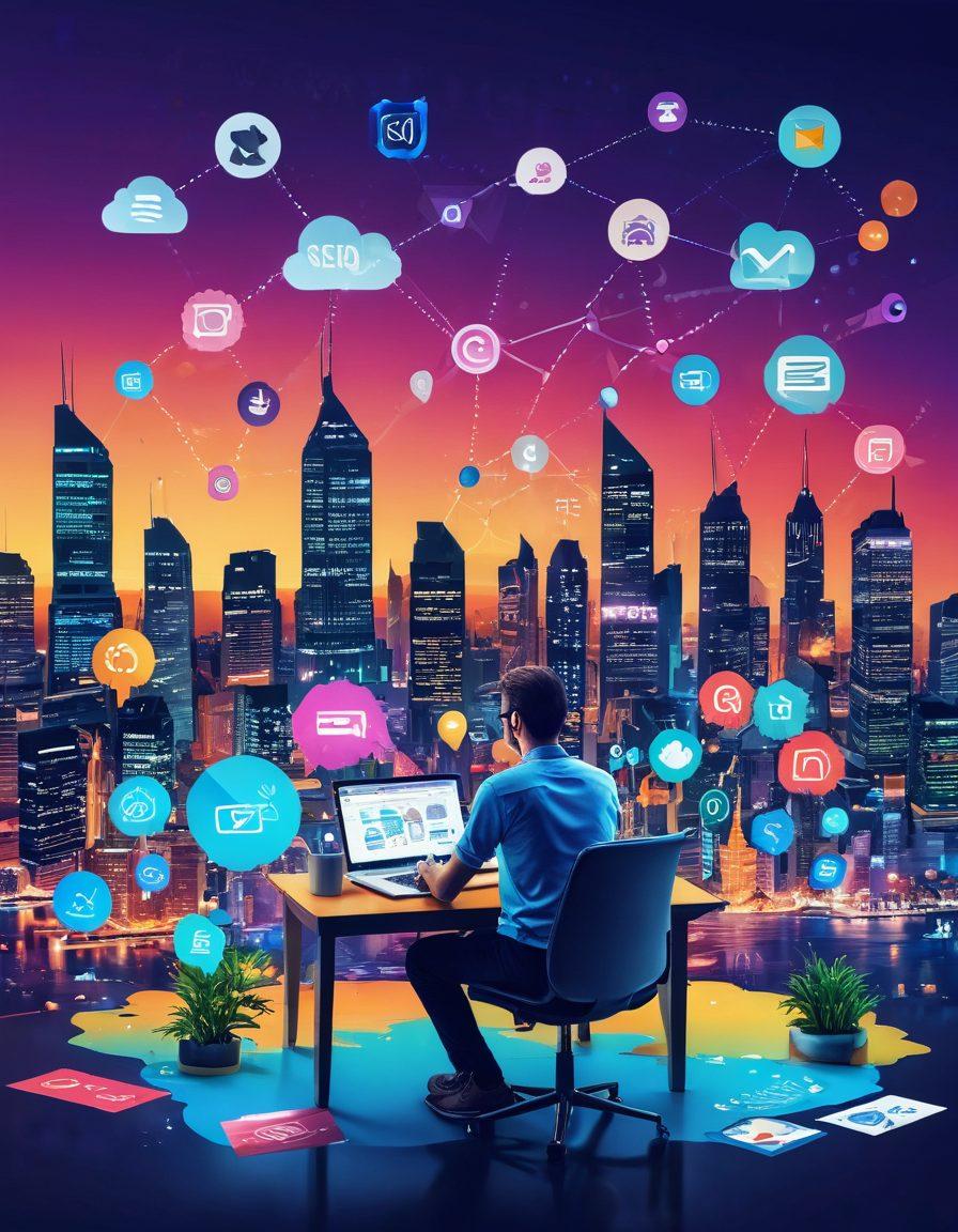 A vibrant digital landscape showcasing a person working at a laptop surrounded by floating SEO icons like magnifying glasses, graphs, and blog icons. In the background, a colorful cityscape representing the online market, with various digital marketing elements like email, social media, and analytics charts. The scene should radiate a sense of creativity and mastery in digital marketing. super-realistic. vibrant colors. 3D.