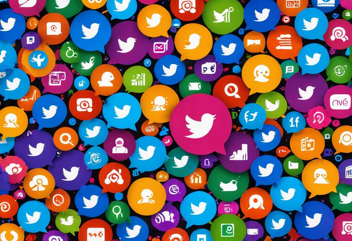 A dynamic and colorful collage depicting various social media icons interacting with enthusiastic digital marketers, surrounded by graphs and analytics charts showcasing growth. Emphasize engagement through illustrations of chat bubbles and likes sharing across platforms. The background should be a lively digital landscape infused with vibrant colors. super-realistic. vibrant colors. 3D.
