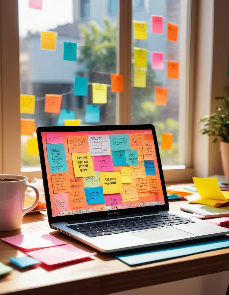 A vibrant workspace scene showcasing a laptop open with a blog post on the screen, surrounded by colorful sticky notes filled with ideas, a coffee cup, and a notepad. In the background, a motivational poster reads 'Create, Inspire, Succeed'. Bright sunlight streams through a window, illuminating the space, sparking creativity. digital illustration. vibrant colors. modern design.